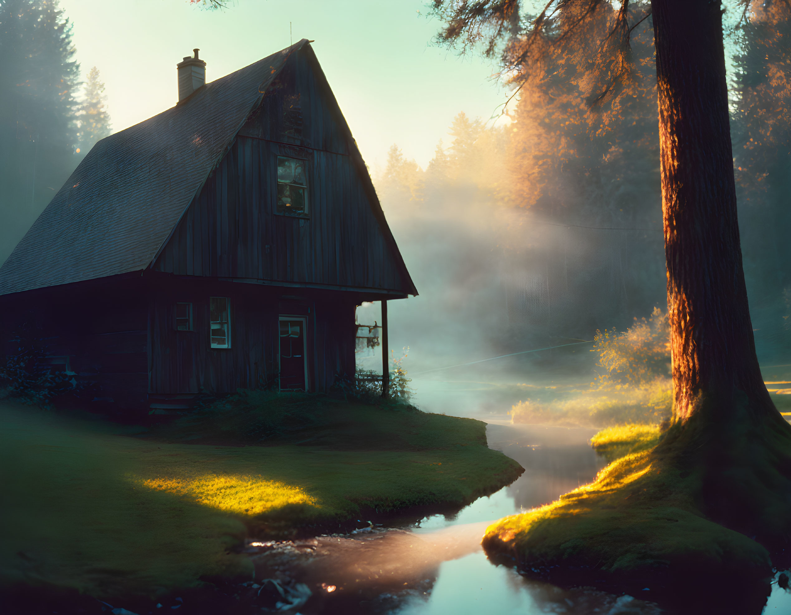 Cozy wooden cabin by stream in misty forest at sunrise