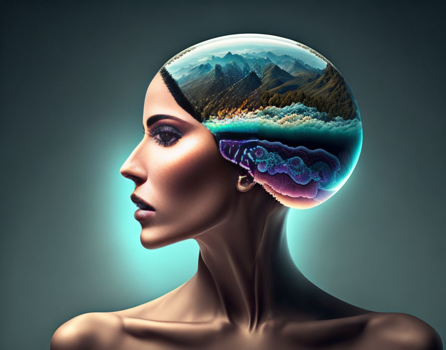 Surreal image: Woman with landscape & ocean inside head