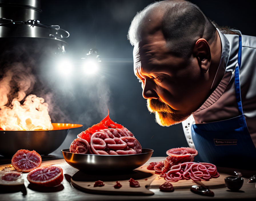 Chef examining raw sausages in kitchen with fiery pan