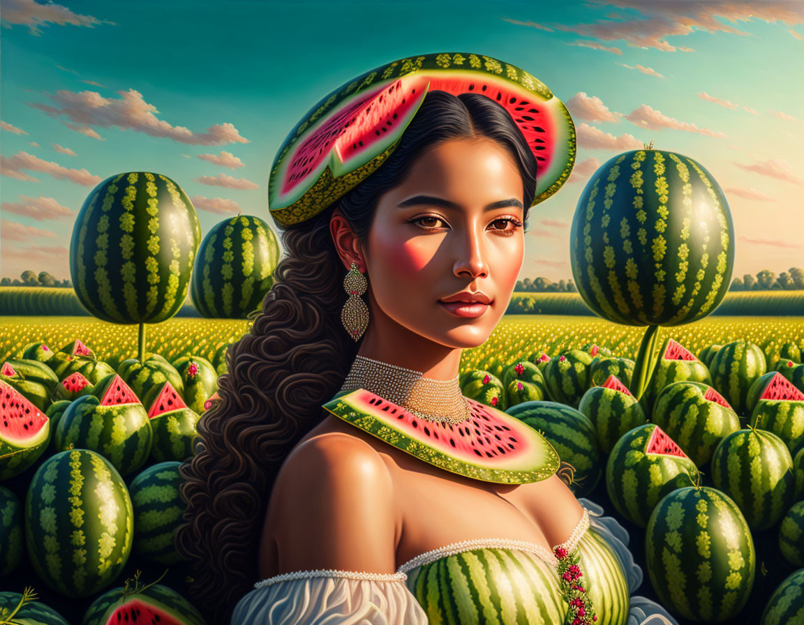 Woman in watermelon-themed attire in surreal landscape