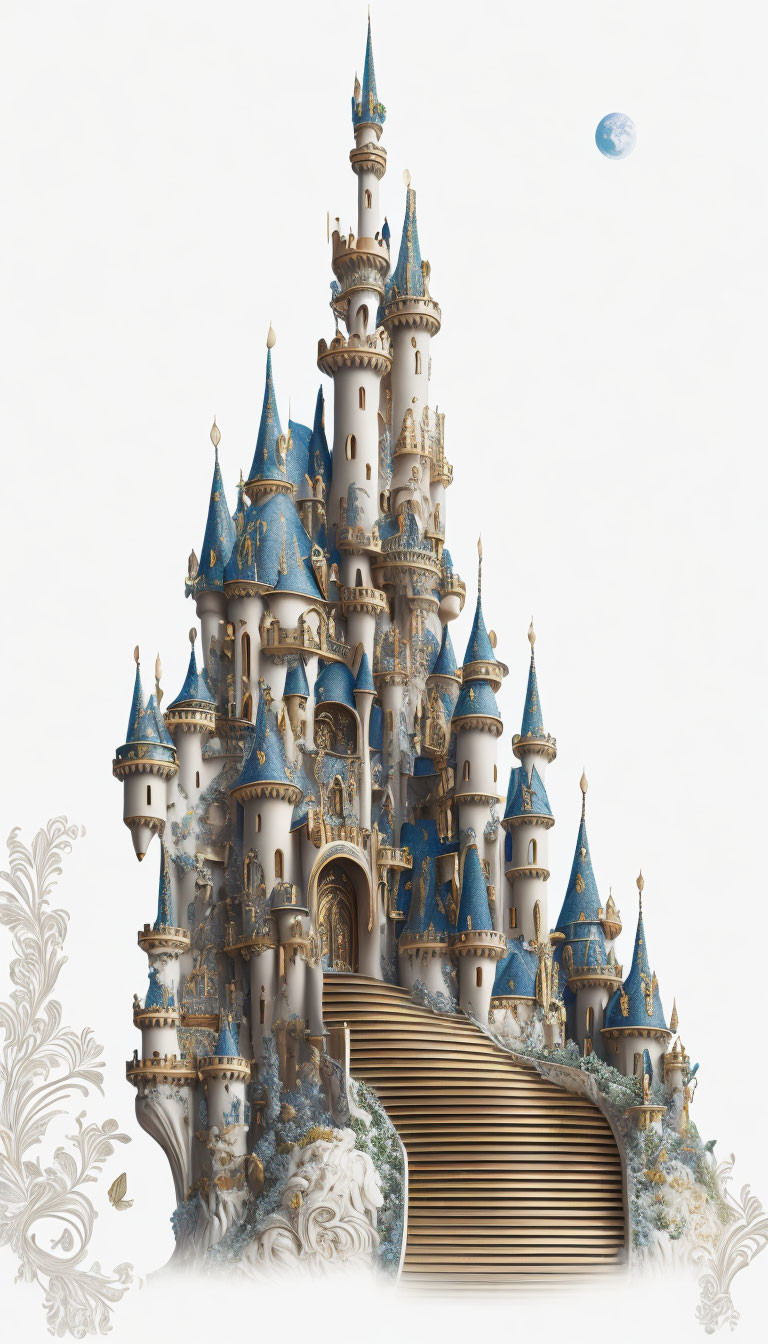 Fantasy castle with blue-roofed towers and grand staircase on white background