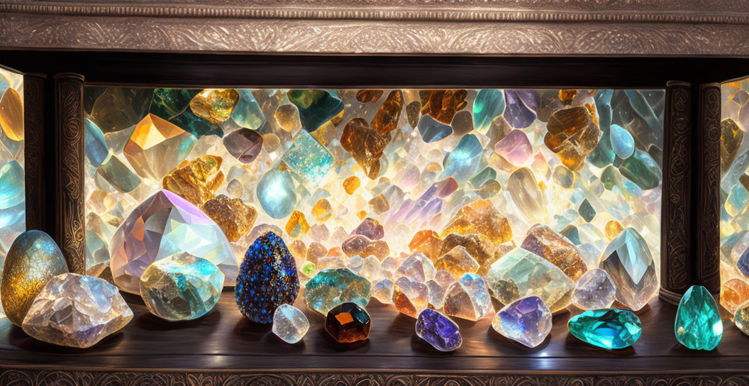 Colorful Gemstone Display Under Illuminated Shelf