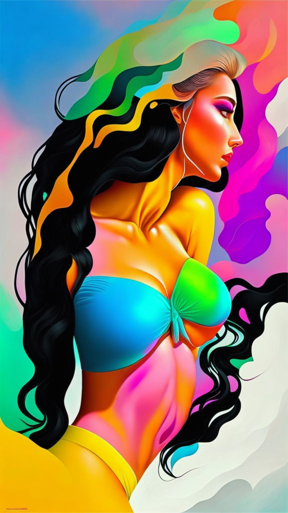 Colorful digital artwork: stylized woman in blue bikini with flowing hair