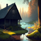 Cozy wooden cabin by stream in misty forest at sunrise