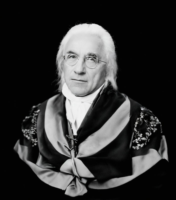 Monochrome portrait of elderly man in clerical robe