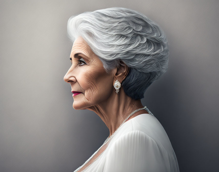 Silver-Haired Elderly Woman in Elegant White Dress & Pearls