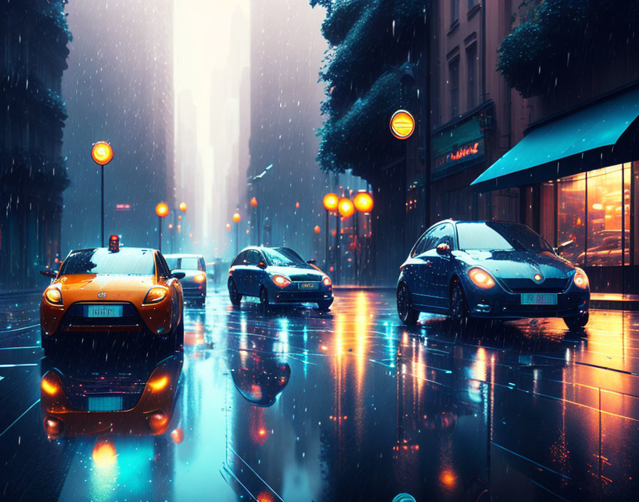 City street wet with rain at twilight: cars reflecting colorful lights, traffic signals glowing under rainy sky.