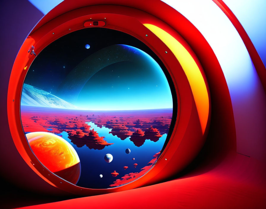 Surreal alien landscape with moon and planets viewed from red spacecraft window