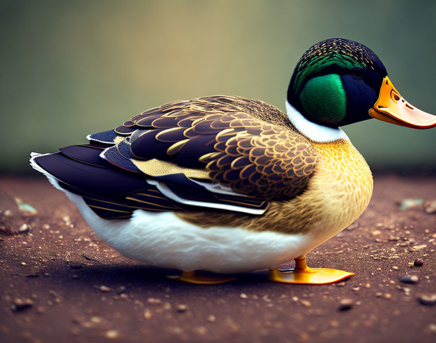 Vibrant male mallard duck with glossy green head and brown patterned body