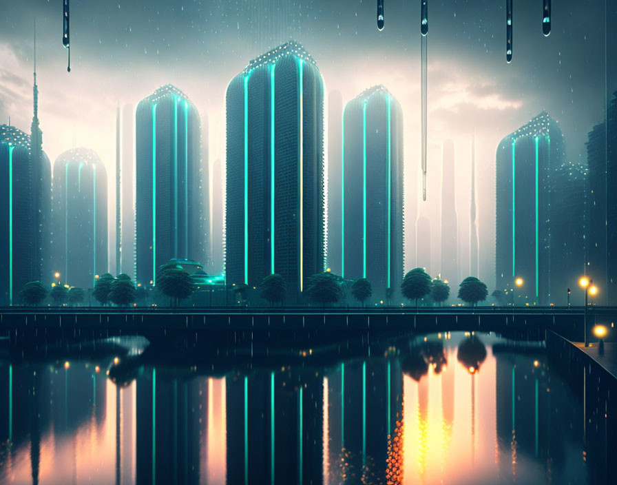 Neon-lit futuristic cityscape with skyscrapers and lush greenery