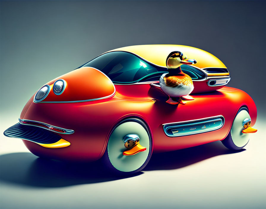 Whimsical futuristic car illustration with duck-themed details