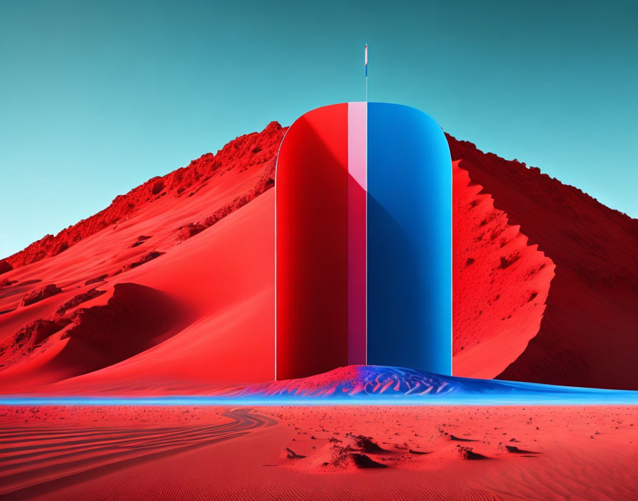 Surreal landscape with large half blue and half red cylindrical structure in red sand dunes.