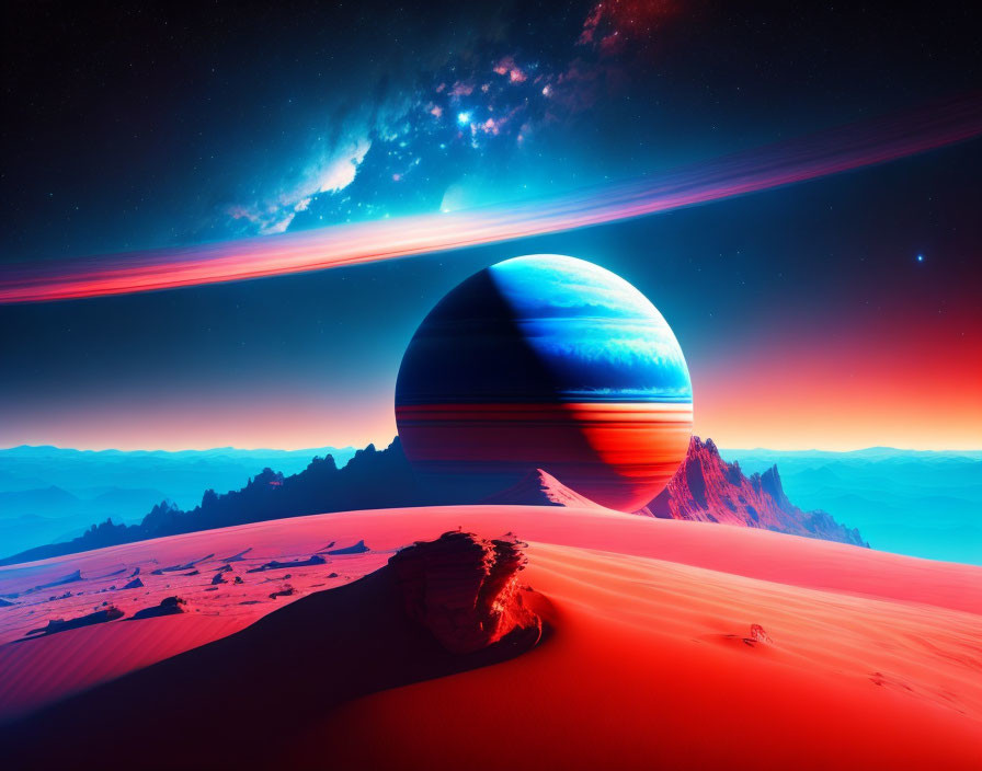 Surreal sci-fi landscape: large ringed planet, reddish desert, starry sky