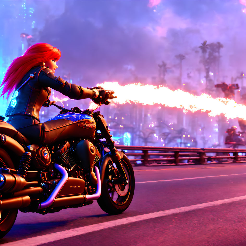 Red-haired woman on motorcycle at dusk with palm trees and fire trail