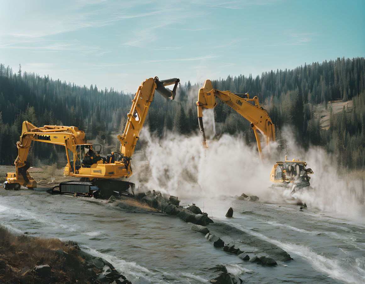 Yellow excavators digging by river in forested landscape