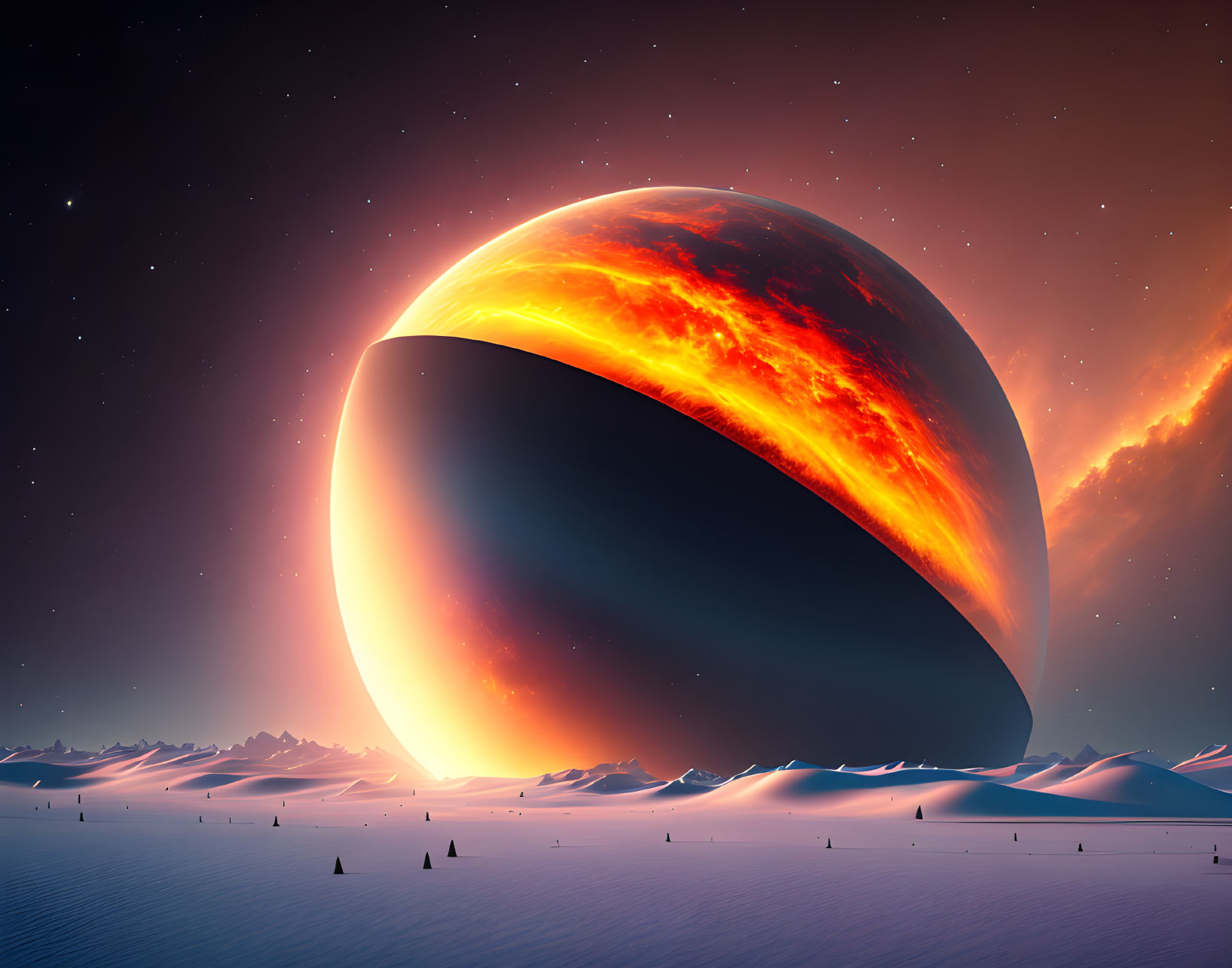 Snowy landscape under starry sky with fiery planet on horizon