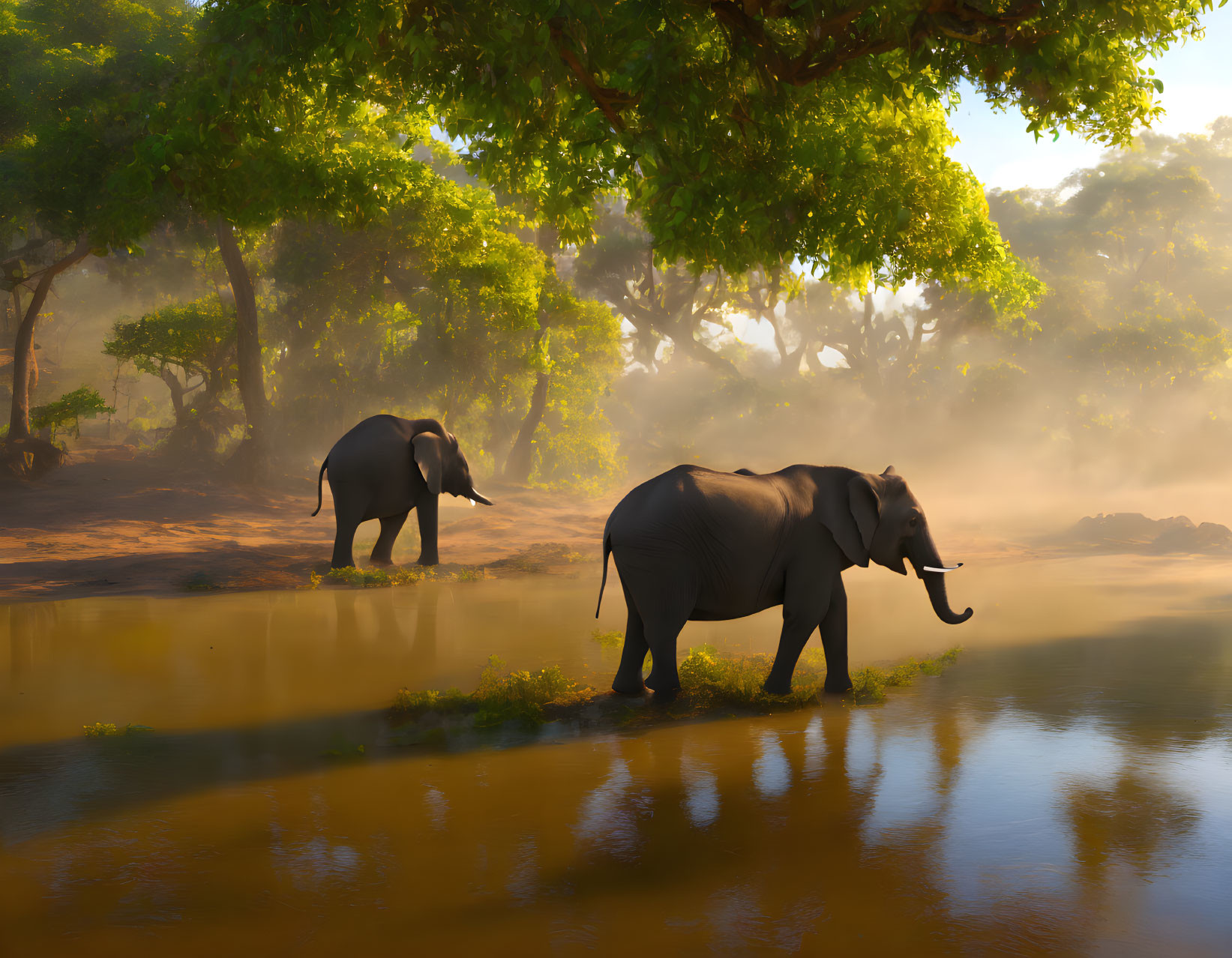 Misty forest scene with two elephants near water and sun rays filtering through trees