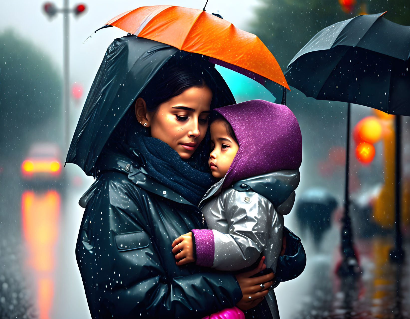 Mother and child under orange umbrella in raincoats on city street.