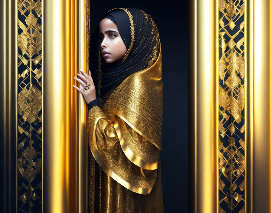 Golden hijab-clad woman ponders by ornate gold panels