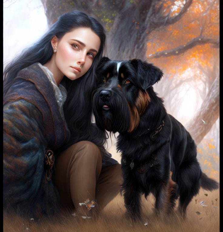 Woman with long dark hair and blue jacket beside large black dog in autumn forest.