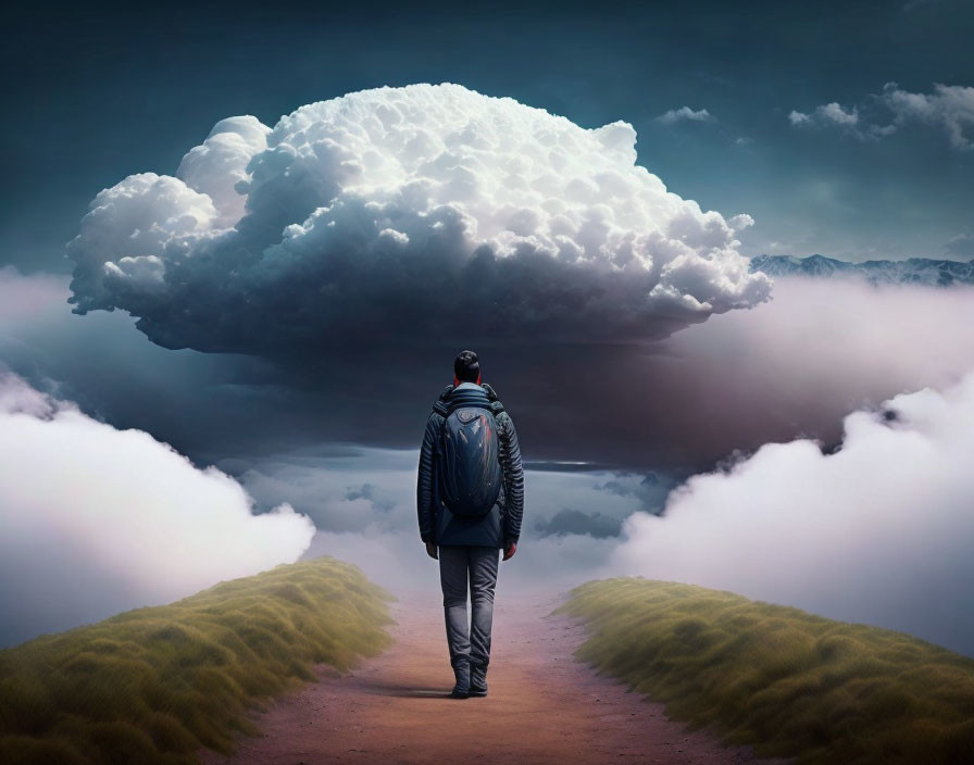 Person on Path Approaching Giant Surreal Cloud