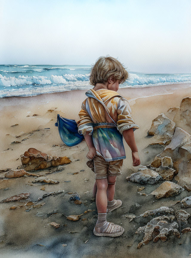 Blonde Child with Blue Bucket on Sandy Beach