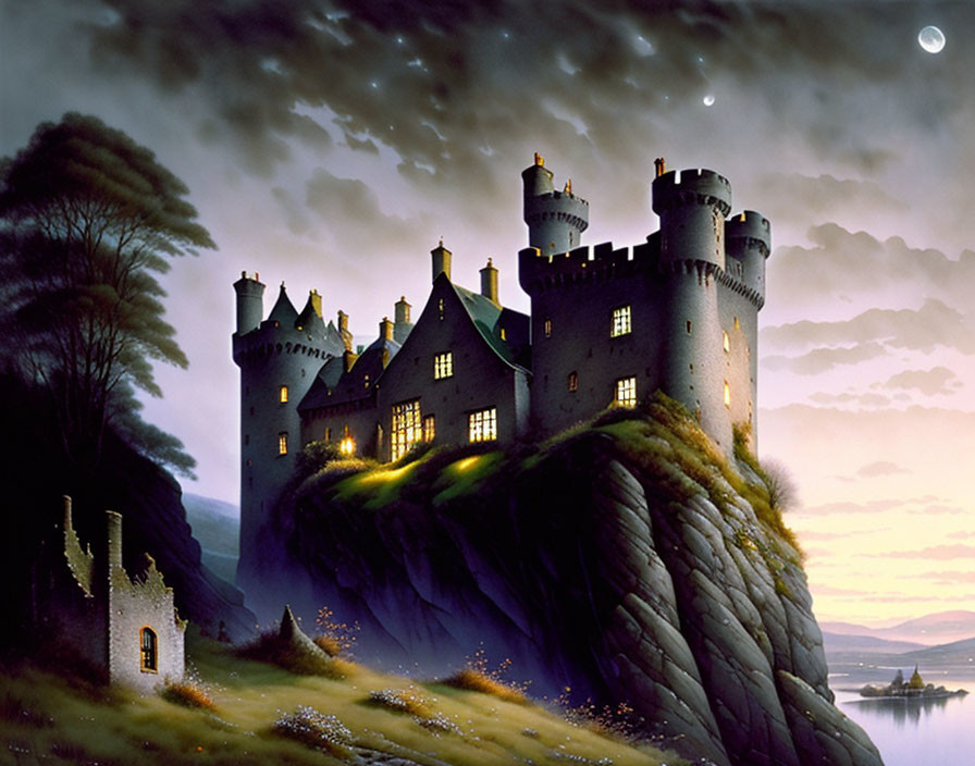 Majestic castle on lush hill under twilight sky