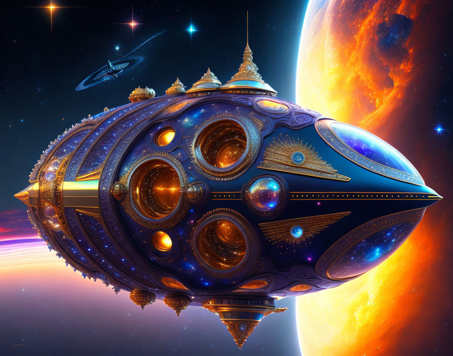 Ornate spaceship with glowing windows near vibrant planet