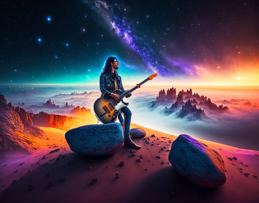 Person playing guitar in vibrant desert landscape with stars and mountains