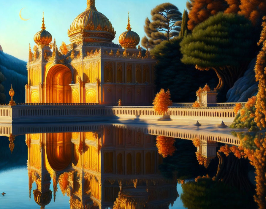 Golden-hued palace with arches and domes near reflective water, surrounded by autumn trees at twilight