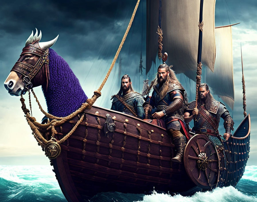 Viking warriors on traditional longship at sea with horse-headed prow under stormy sky