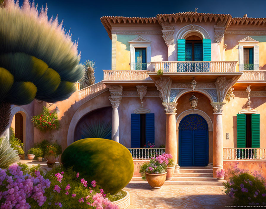 Charming villa with warm facade, blue and green shutters, surrounded by lush nature