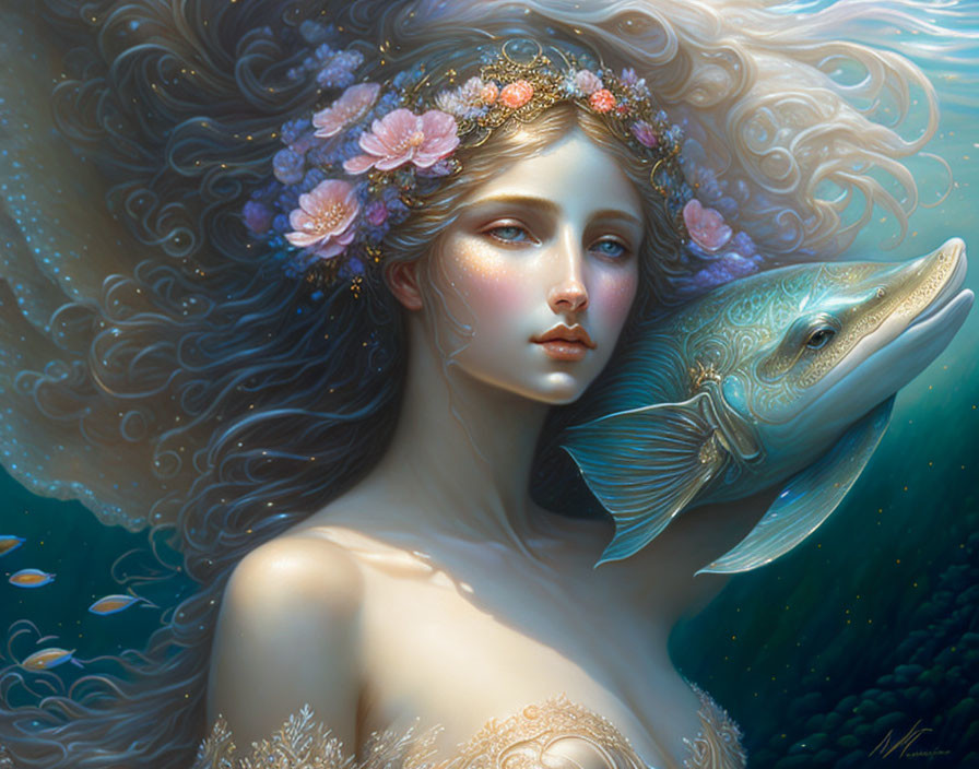 Ethereal woman with flowers in flowing hair gazes at fish under aquamarine light