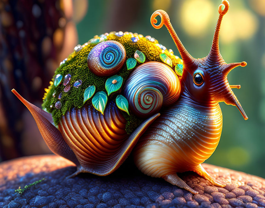 Colorful Fantastical Snail with Ornate Shell in Natural Setting