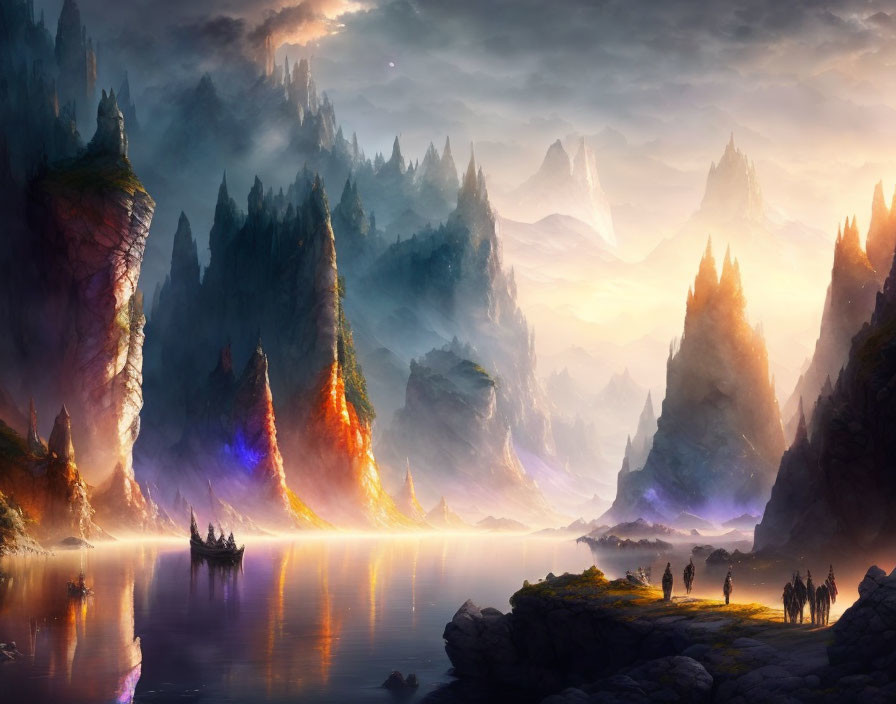 Fantasy landscape with towering cliffs, serene river, small boat, and figures in warm sunlight