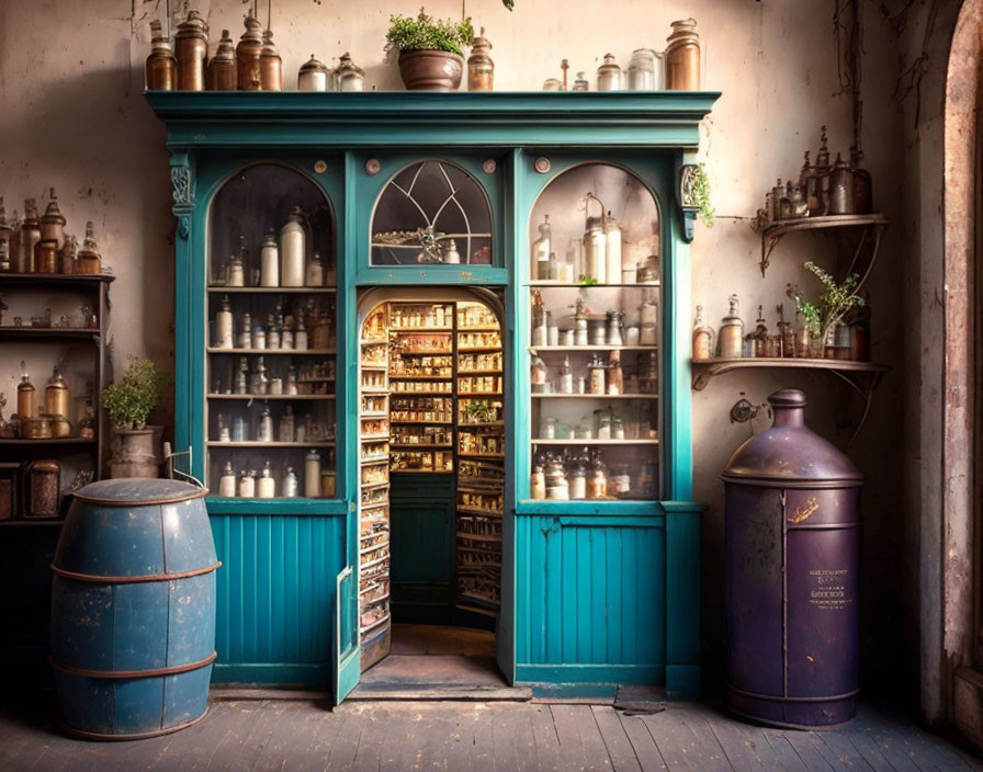 Traditional Apothecary with Wooden Shelves, Green Cabinet, and Blue Barrel