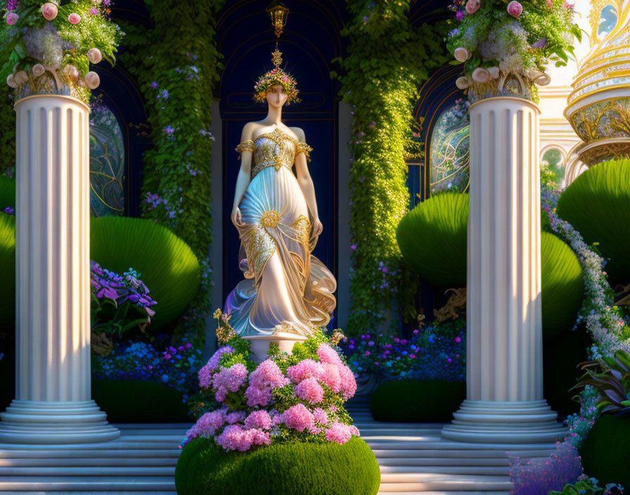 Classical woman statue in robe with floral crown among columns and gardens