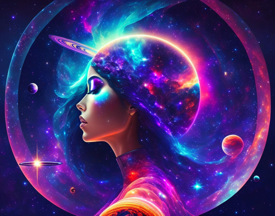 Colorful cosmic-themed profile portrait of a woman blending into star-filled space scene