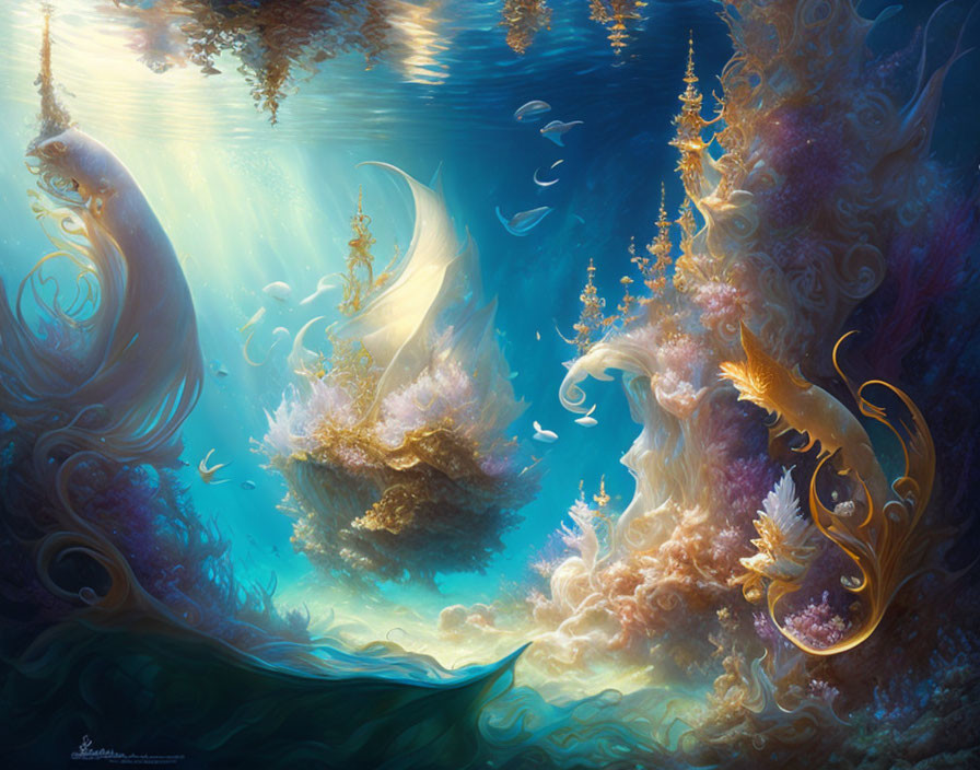 Vibrant Underwater Scene with Ethereal Creatures and Ornate Corals