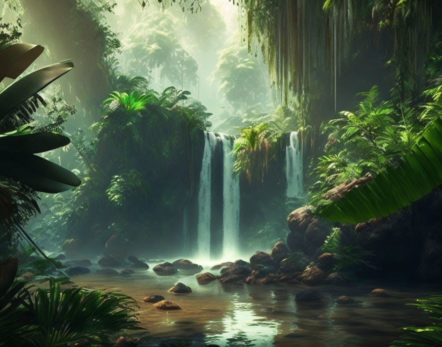 Tranquil tropical forest with waterfall and lush greenery