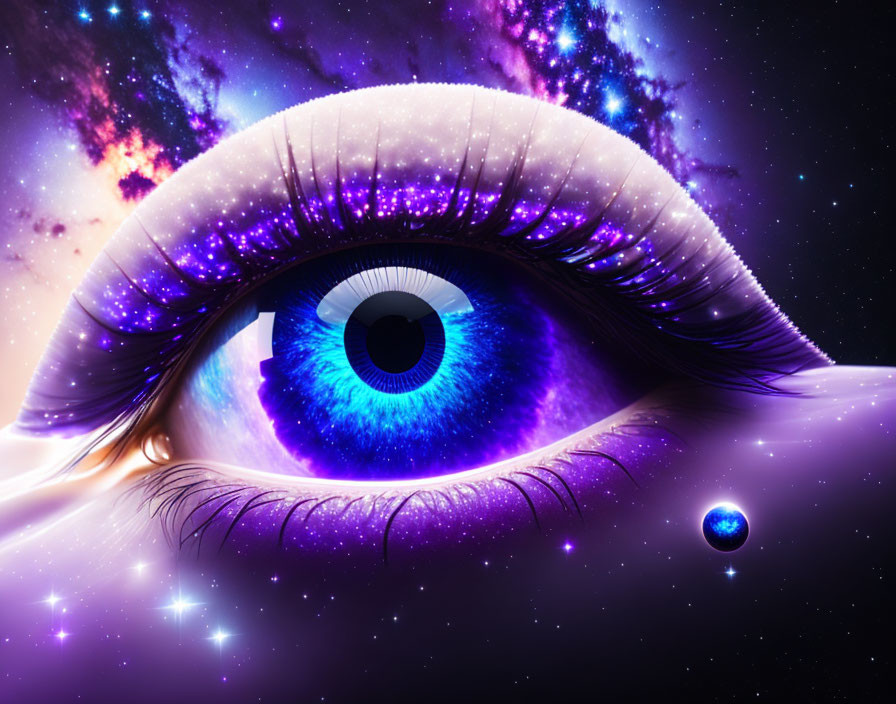 Close-up of human eye with blue iris on cosmic background.