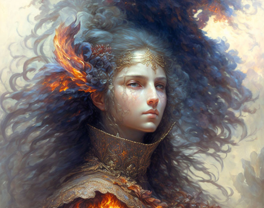 Fantastical portrait of a woman with fiery hair and ornate gold headgear