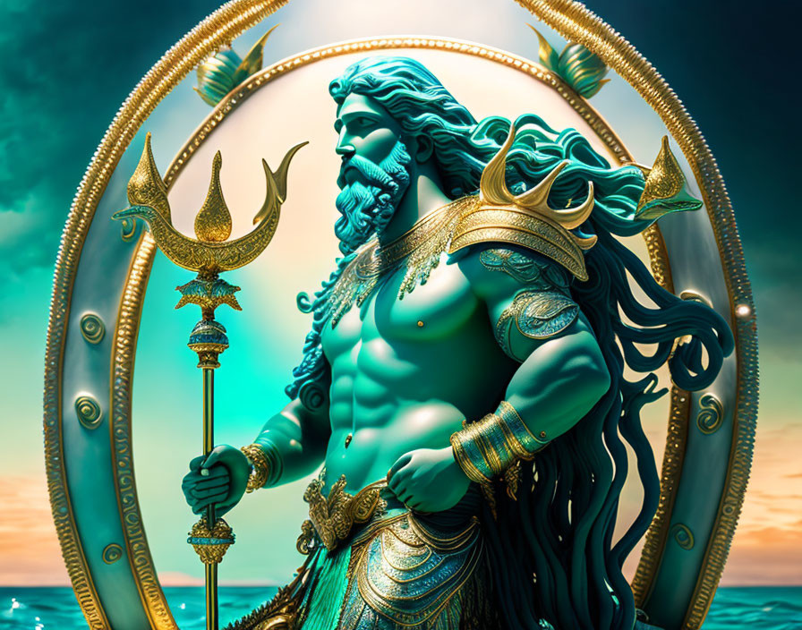 Blue-skinned Shiva deity with trident in vibrant art against cosmic backdrop