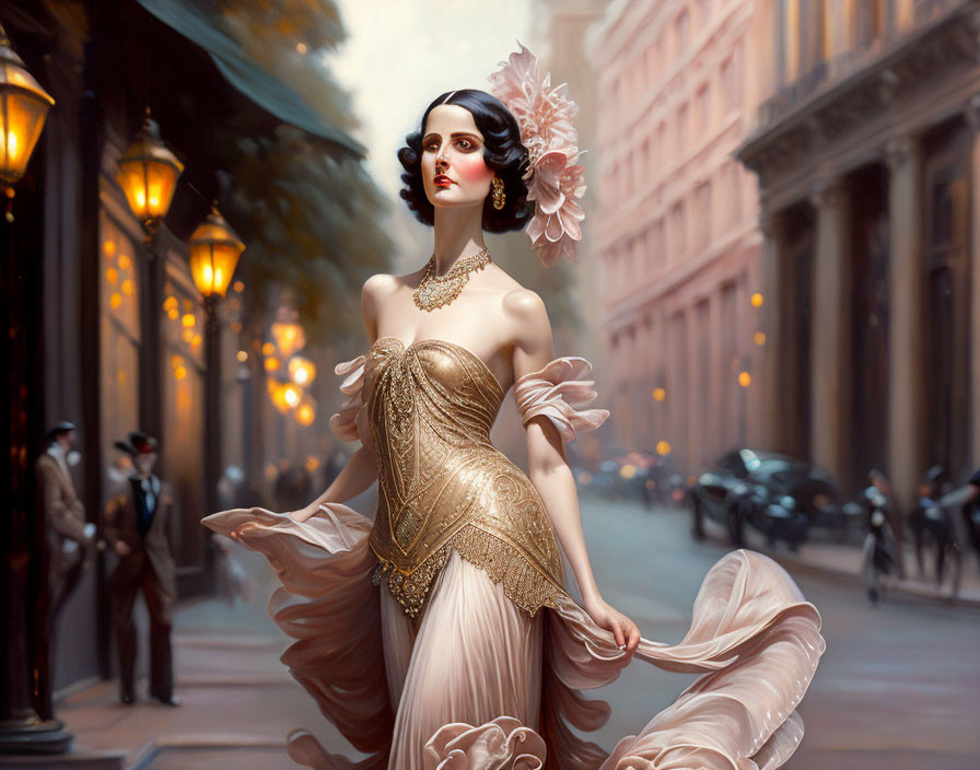 Vintage-style woman in elegant dress with pearl necklace and flower in hair walks city street