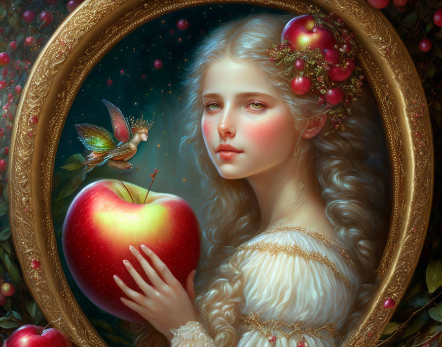 Fantasy painting of woman with fairytale attire holding apple and fairy on mirror.