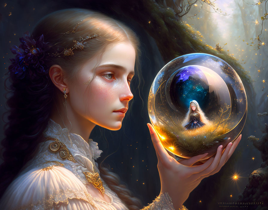 Intricate hair and elegant dress woman gazes at glowing orb with cosmic scene and figure in mystical