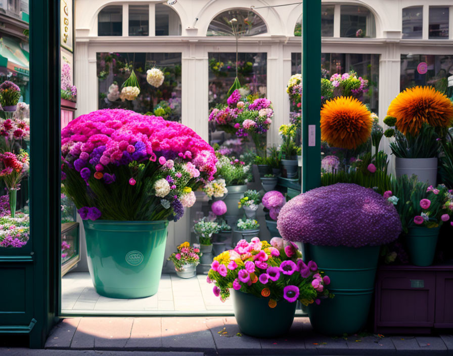 Colorful Flower Shop Facade Overflowing with Vibrant Blossoms