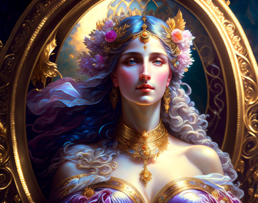 Regal woman digital artwork with golden jewelry and floral adornments