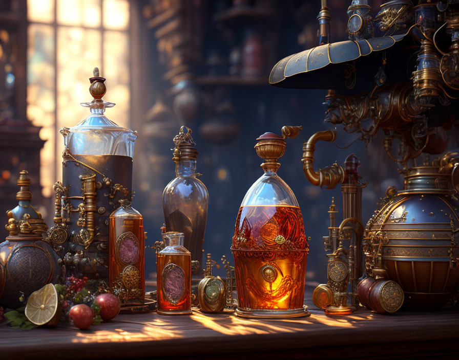 Glowing potion in glass bottle surrounded by magical items