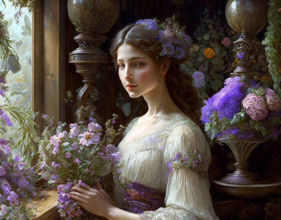 Young woman in vintage dress surrounded by flowers near window in soft light